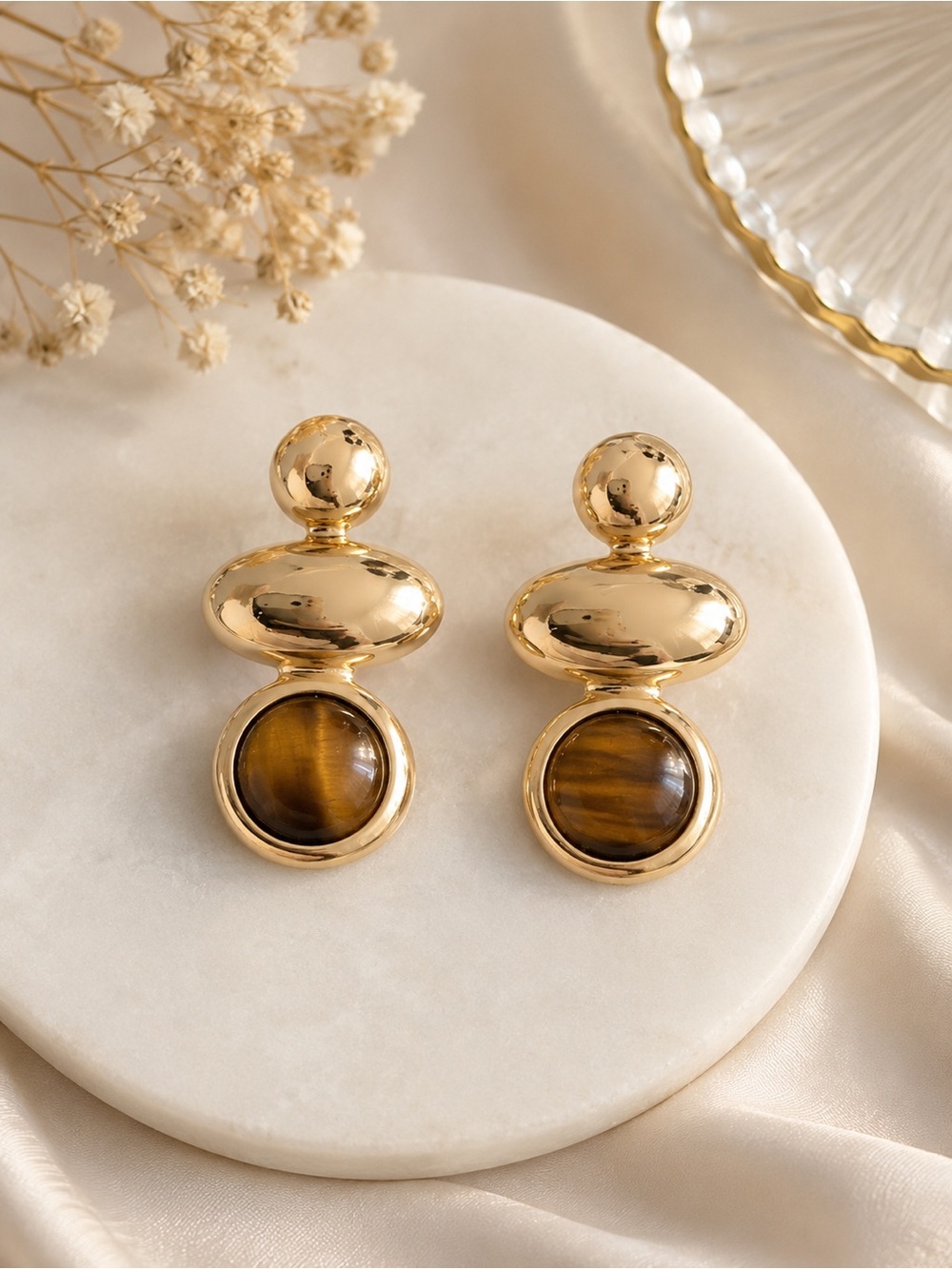 Gold Tone Tiger Eye Statement Drop Earrings – Vintage Inspired